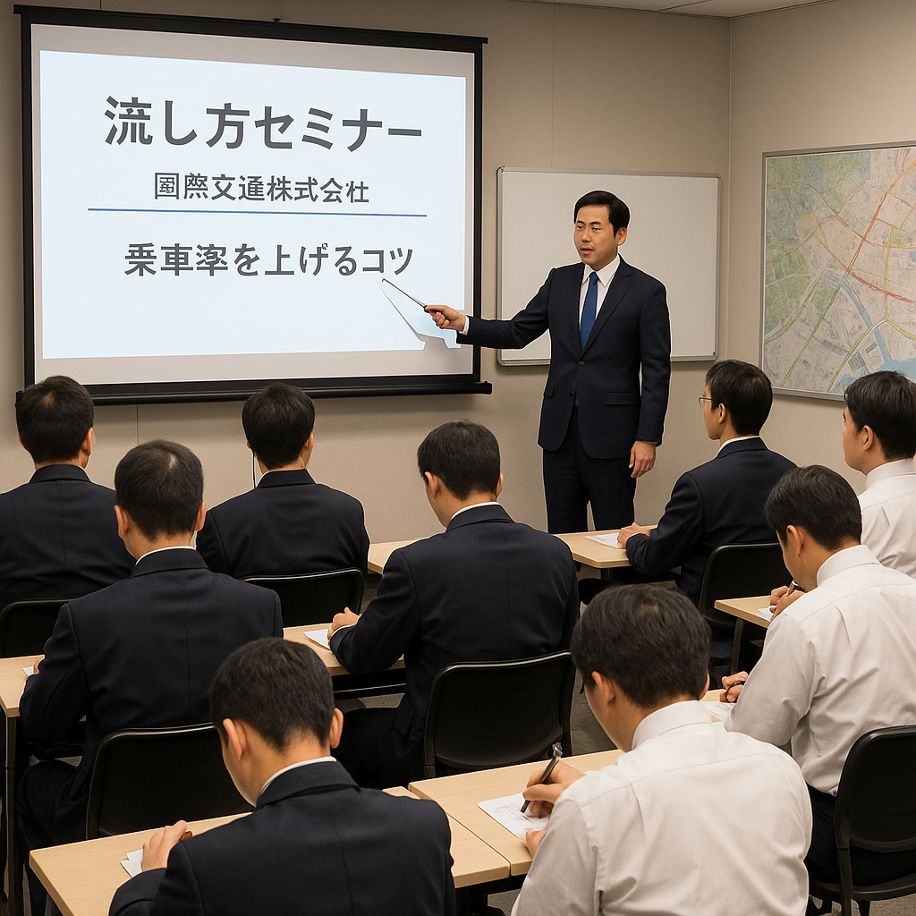 国際交通株式会社の流し方セミナーで講師がスライドを使って乗務員に指導している様子