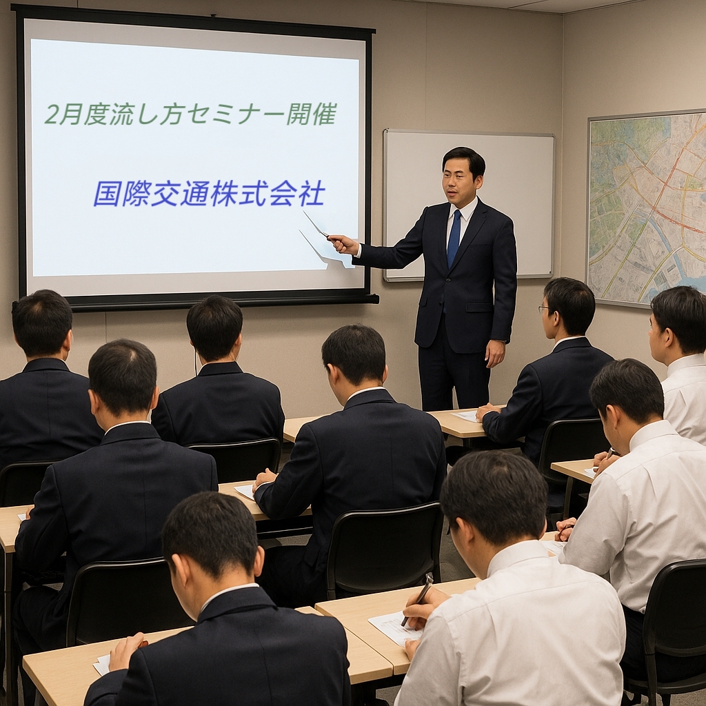 国際交通株式会社による2月度流し方セミナーの様子。スーツ姿の講師がホワイトボードを使ってタクシードライバーに講義を行っているビジネス研修風景。
