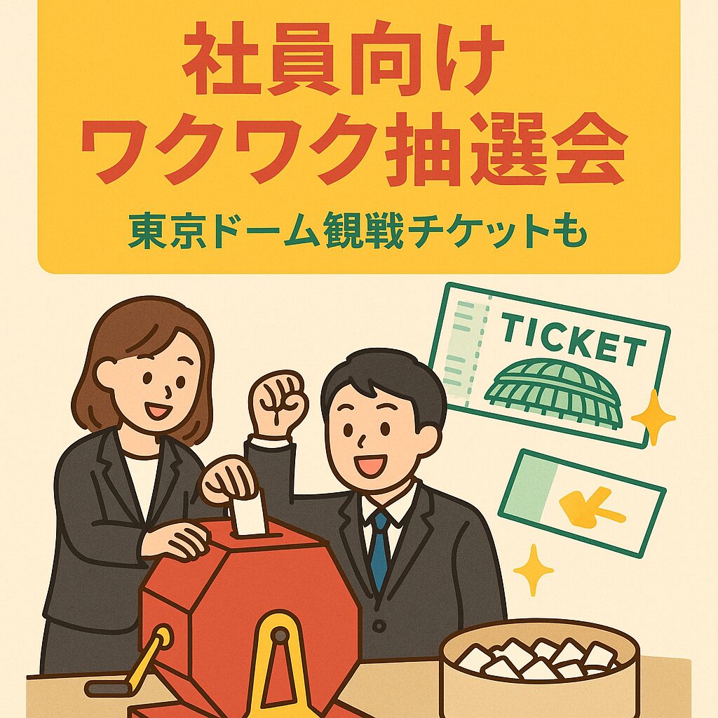 社員向けワクワク抽選会のイラスト|東京ドーム観戦チケットが当たる社内イベントの様子