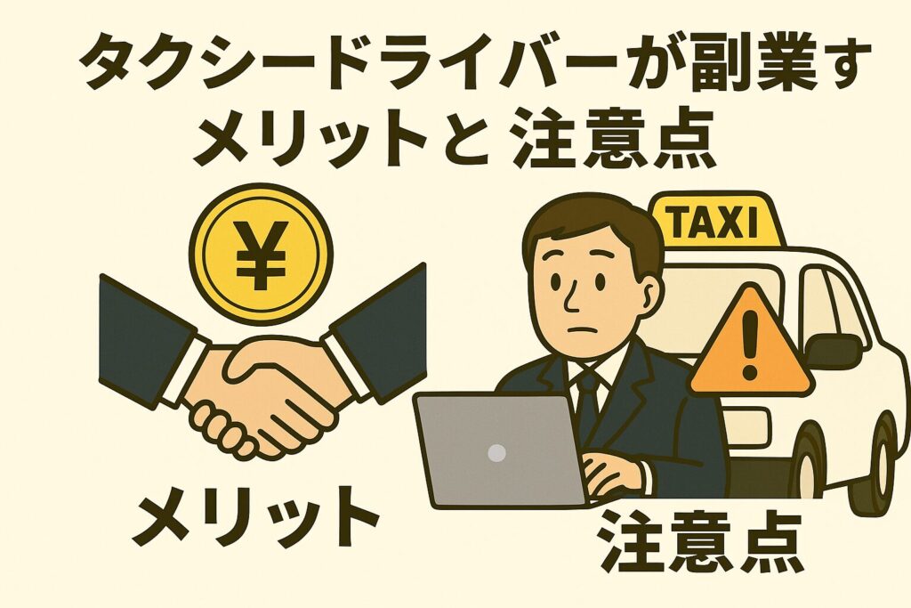 タクシードライバーが副業を始める際のメリットと注意点を解説するイラスト。握手とお金のマーク、パソコン作業中のドライバーと注意マーク付きのタクシーの構成