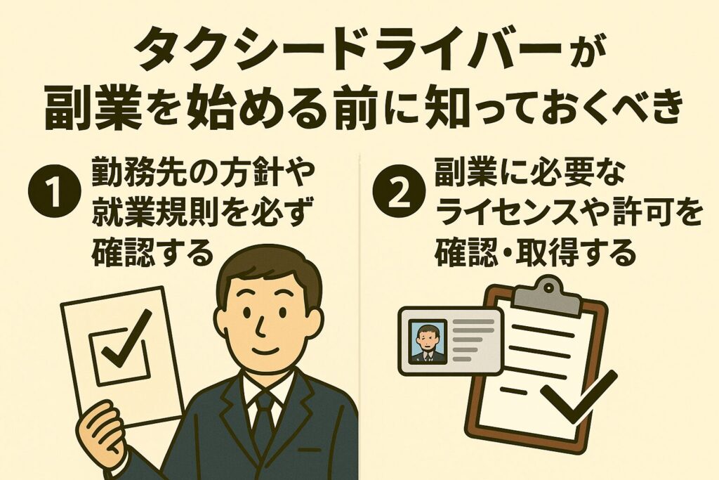 タクシードライバーが副業を始める前に確認すべきポイントを説明したイラスト。勤務先の就業規則の確認と副業に必要なライセンス取得を図解