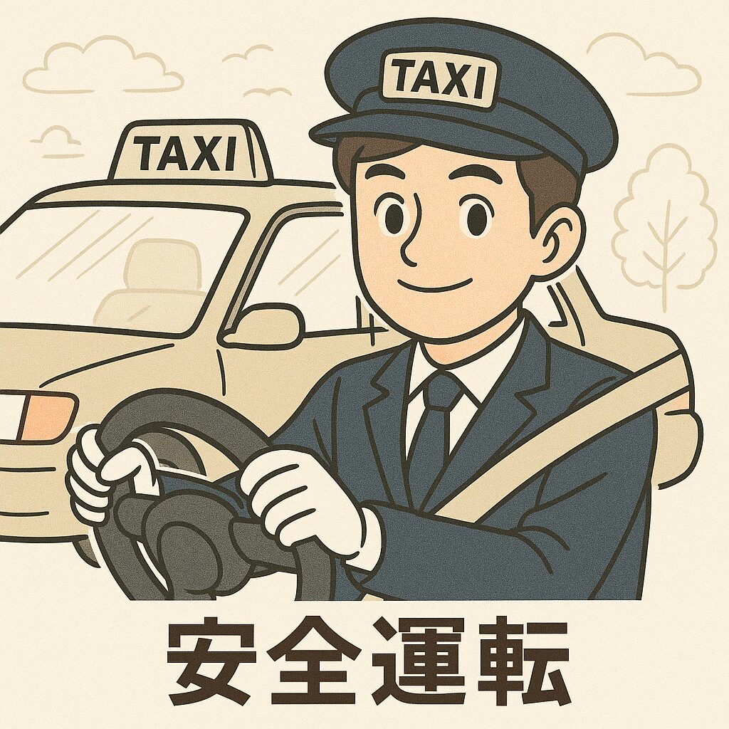 安全運転を心がけるタクシー運転手のイラスト。シートベルトを着用し、慎重に運転する男性ドライバーの姿