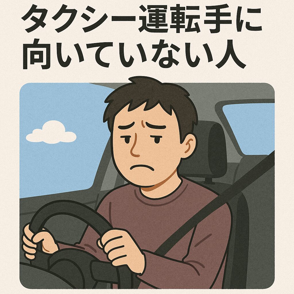 タクシー運転手に向いていない人の特徴を表現したイラスト。疲れた表情で運転する男性ドライバーの様子