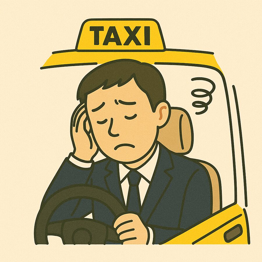 タクシー運転中にストレスを感じて疲れている男性ドライバーのイラスト。接客や運転の負担が大きい場面を表現