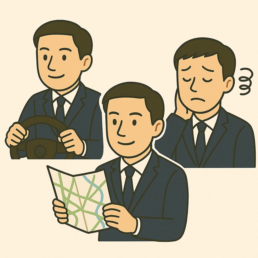 タクシー運転手に向いていない人の特徴を表すイラスト。地図を見て迷う人、運転に不安がある人、ストレスを感じる人の表情