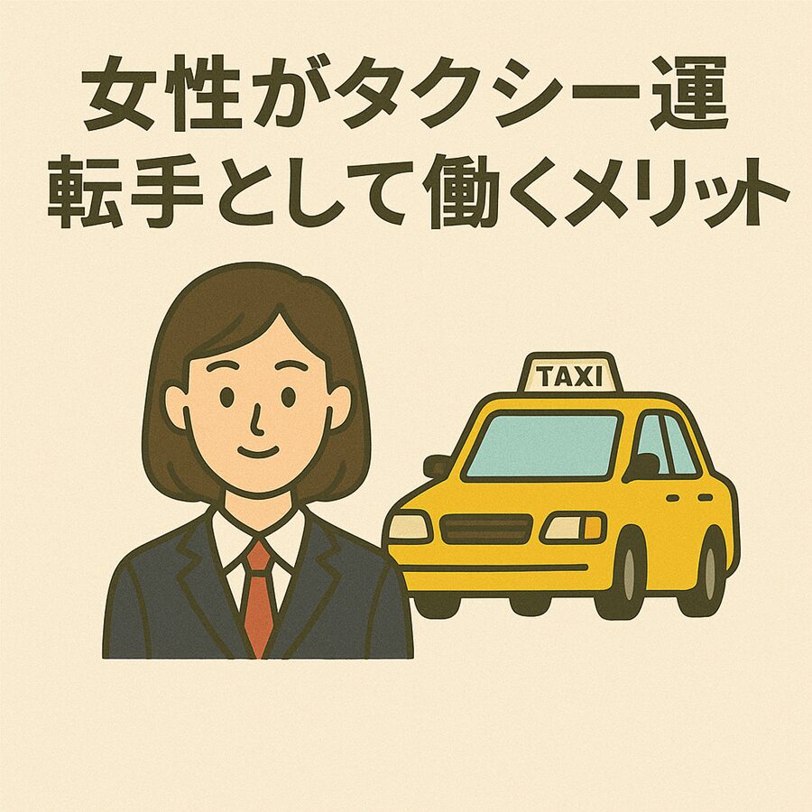 女性がタクシー運転手として働くメリットを紹介するイラスト。女性ドライバーとタクシーのイメージ図