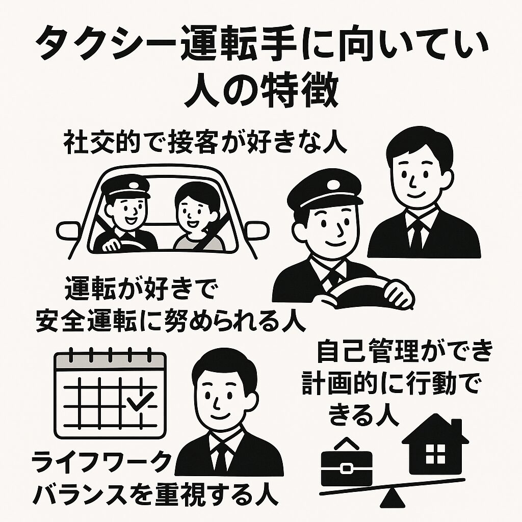 タクシー運転手に向いている人の特徴を示すイラスト｜社交的・運転好き・自己管理ができる・ライフワークバランス重視の人物像を紹介