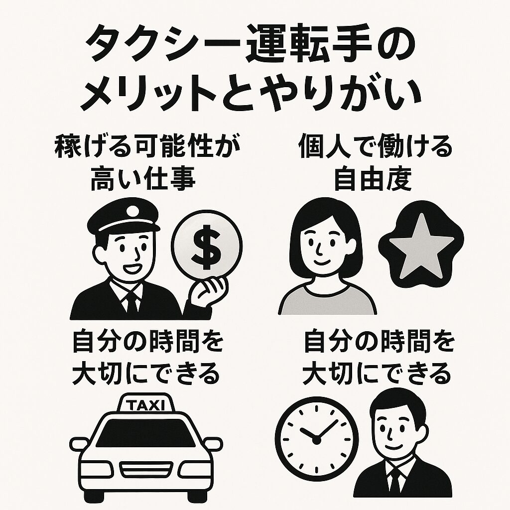 タクシー運転手のメリットとやりがいを紹介するイラスト｜高収入の可能性・自由な働き方・時間を大切にできる仕事の魅力を解説
