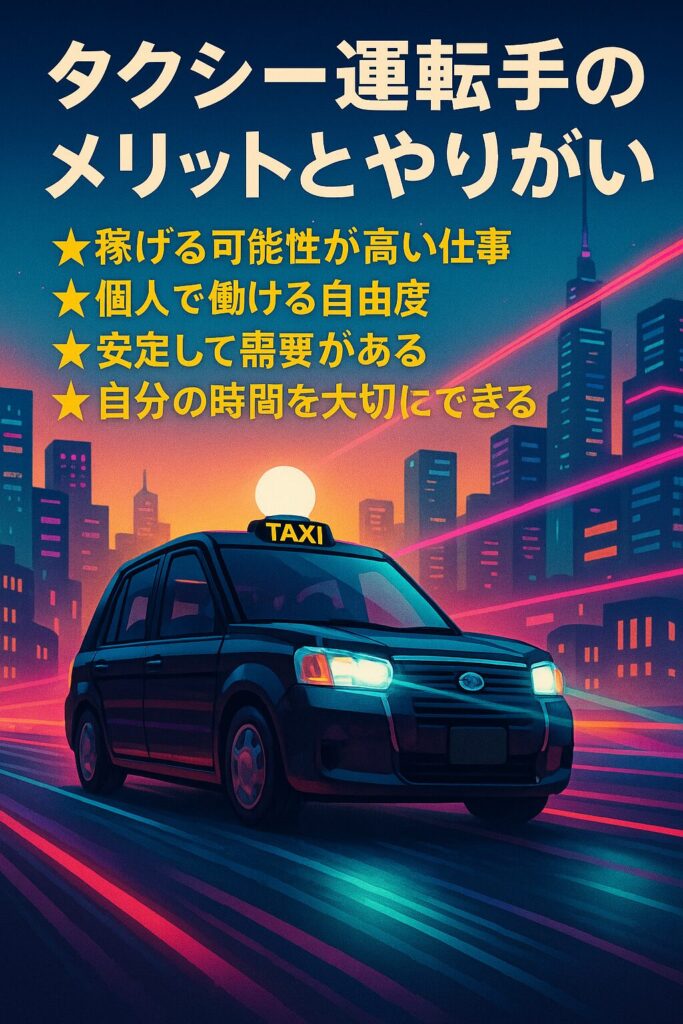 タクシー運転手のメリットを表現したイラスト｜高収入・自由度・安定した需要・時間の自由が魅力の仕事