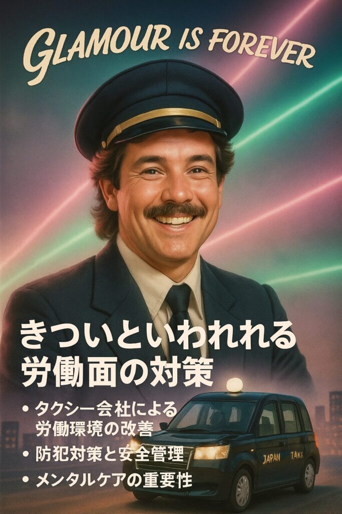 レトロな背景に笑顔で写る制服姿の男性｜「GLAMOUR IS FOREVER」のキャッチコピー付きポートレート