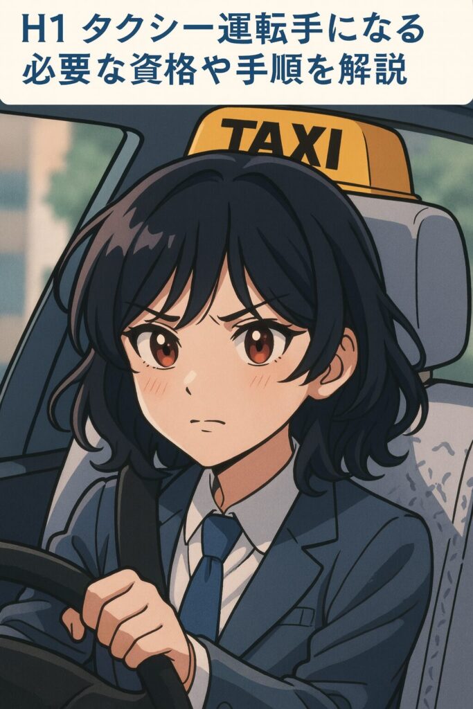 真剣な表情でハンドルを握る若い女性タクシー運転手のアニメ風イラスト|タクシー運転手に必要な資格や手順を解説