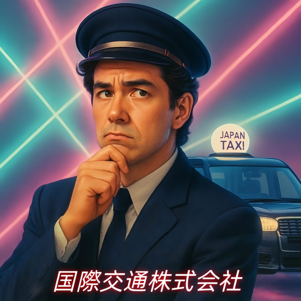 1980年代風のレトロなスタジオ背景で考え込む表情のタクシー運転手と「JAPAN TAXI」車両｜国際交通株式会社の仕事イメージビジュアル