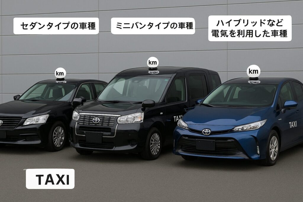 タクシー車種の基本的な種類|セダンタイプ・ミニバンタイプ・ハイブリッド車種を比較したKMタクシーのイメージ写真
