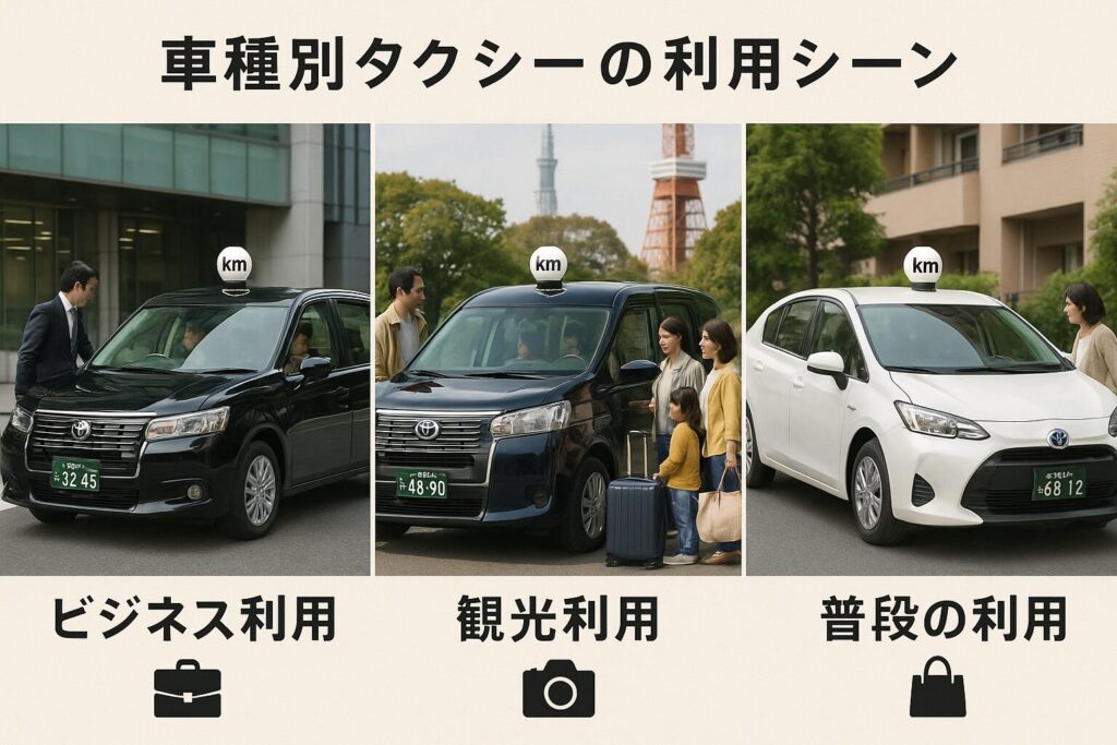 車種別タクシーの利用シーン|ビジネス利用・観光利用・普段の利用を紹介するKMタクシーの比較イメージ