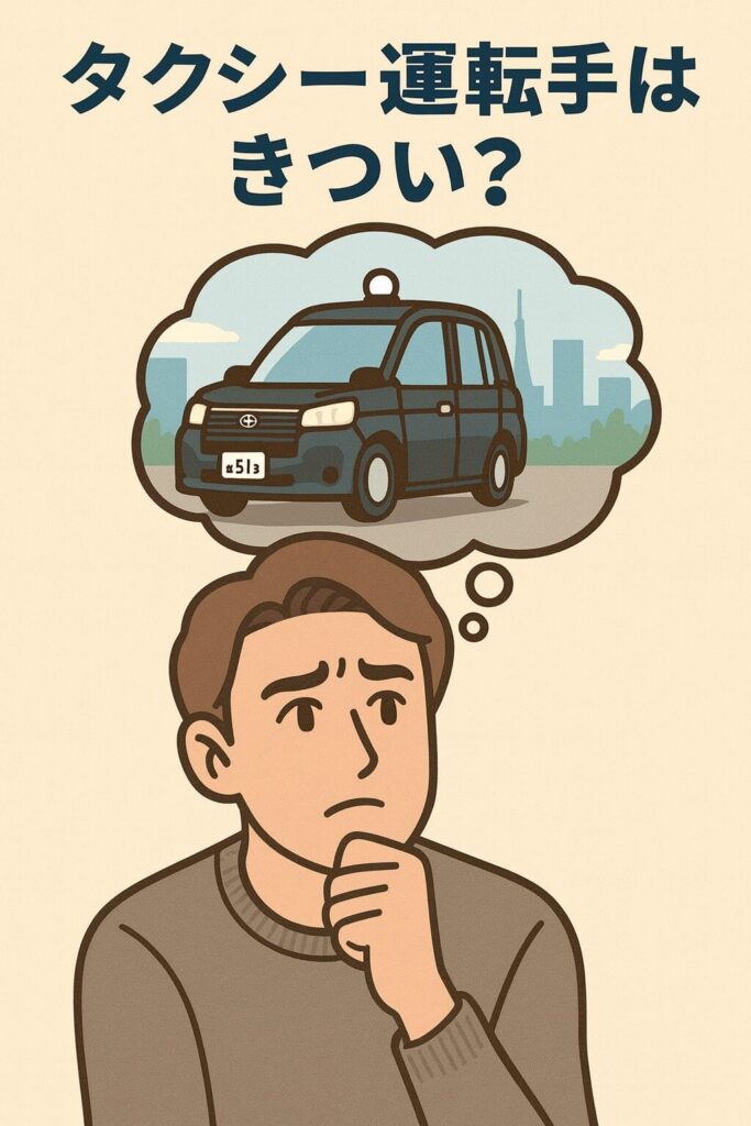 タクシー運転手がきついと言われるについて考えている男性のイラスト
