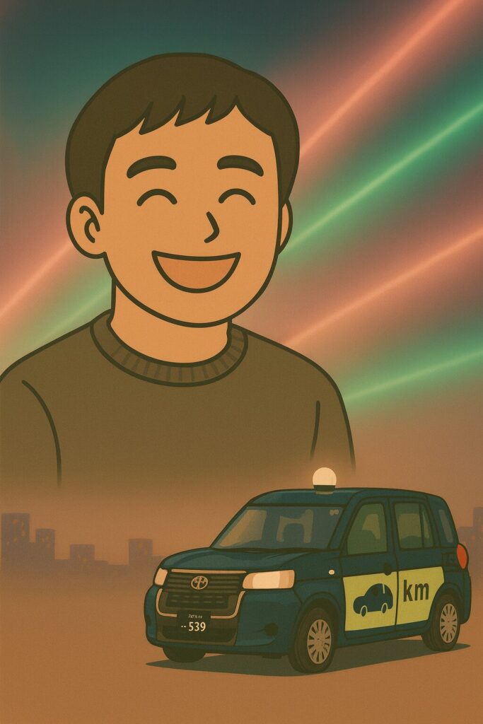 笑顔の男性とkmタクシーのイラスト