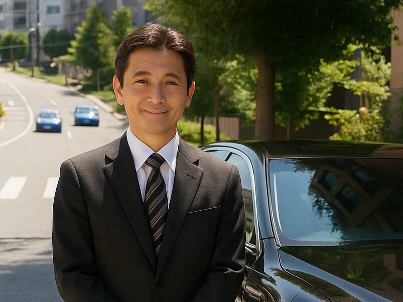 ハイヤー乗務員募集のためのイメージ画像高級車の横に立つ端正で清潔感のある乗務員