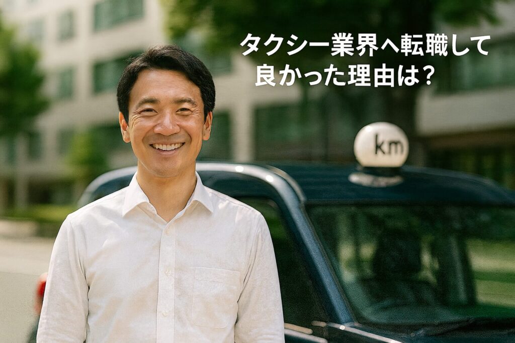 40代の日本人男性が青いkmタクシーの前で笑顔で立つ写真。背景は都市の街並みで晴れた日差しが差し込み、「タクシー業界へ転職して良かった理由は？」という見出しテキストが表示されている。