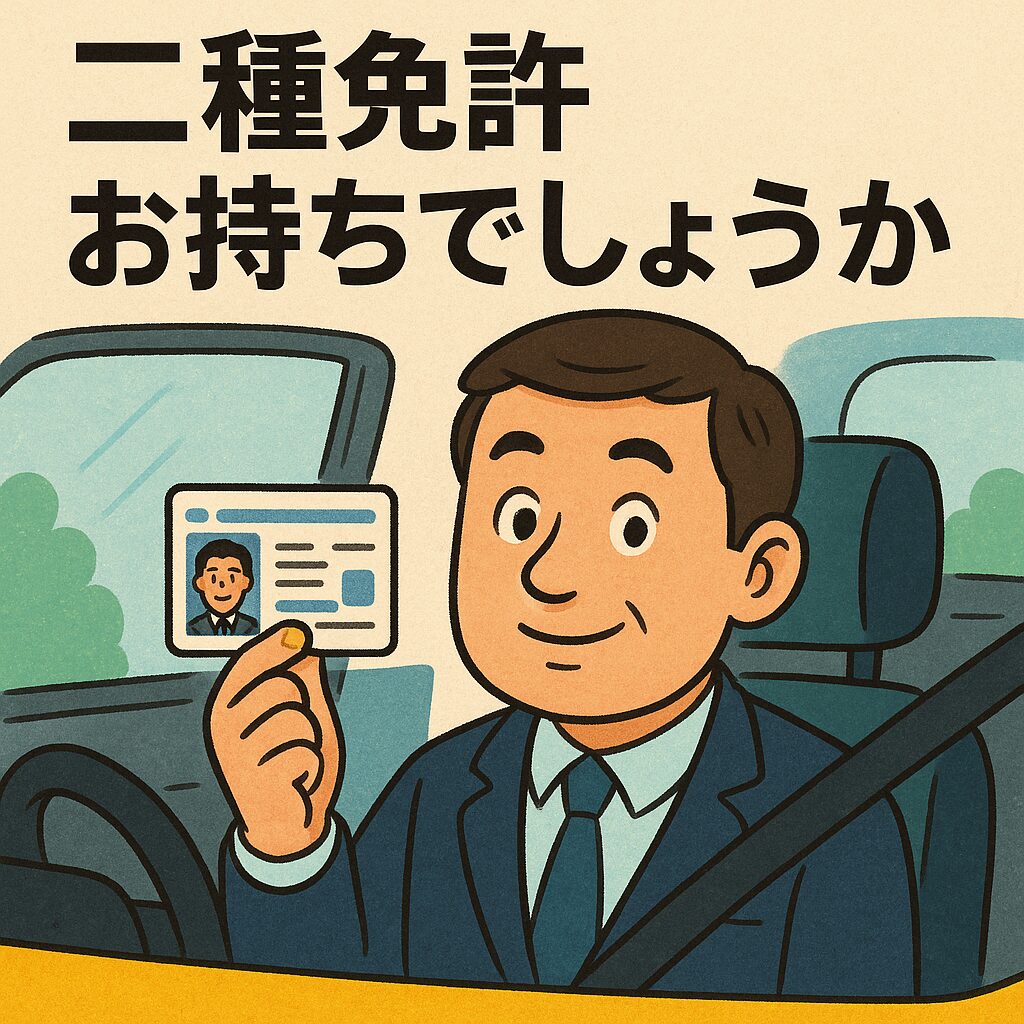 スーツ姿の男性が車の運転席で二種免許証を笑顔で見せているイラスト。背景に車の窓と木々が描かれ、上部に『二種免許お持ちでしょうか』という文字がある。