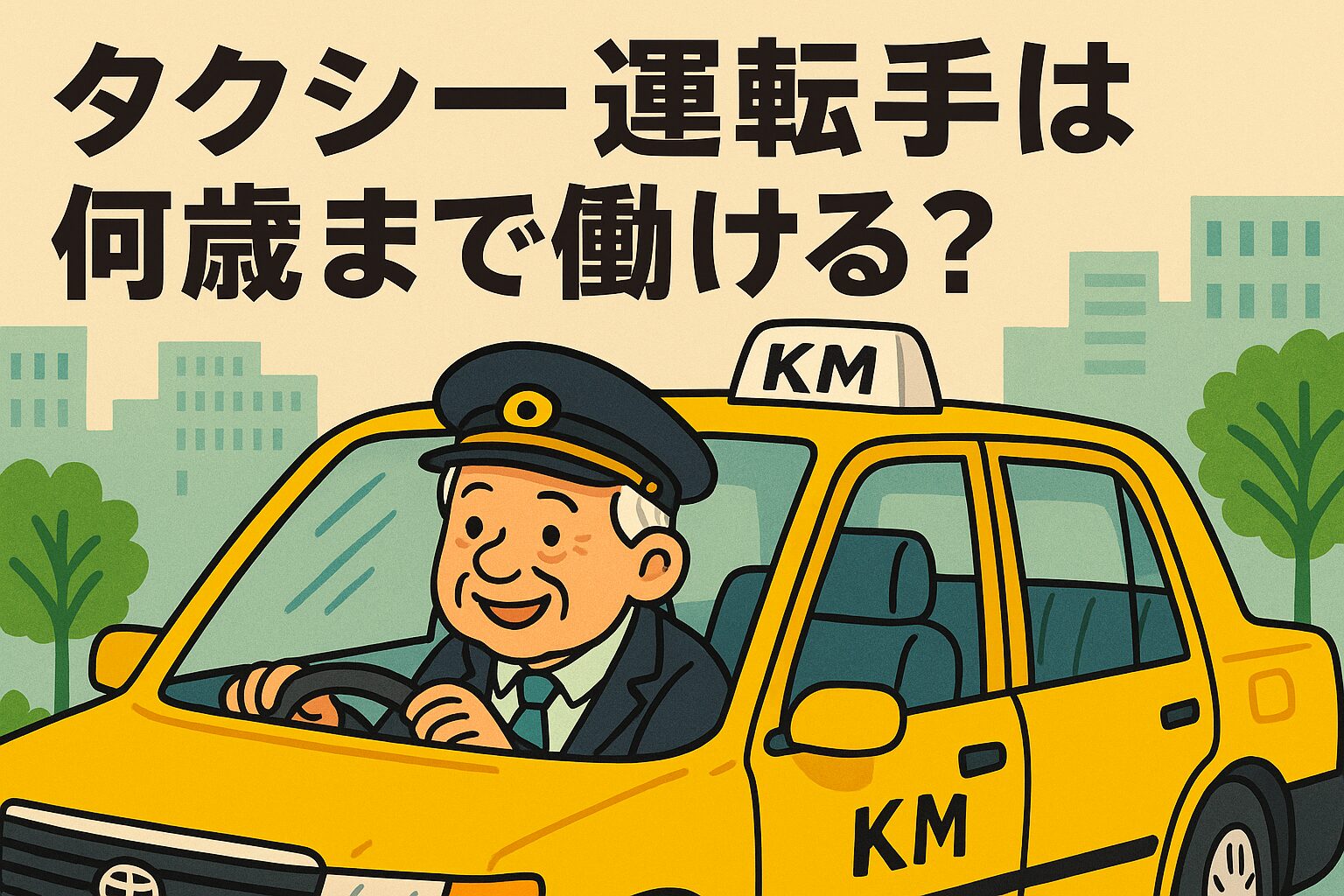 笑顔の高齢タクシー運転手がKMタクシーを運転しているイラスト。背景に都会の街並みが描かれ、上部に『タクシー運転手は何歳まで働ける?』という文字がある。