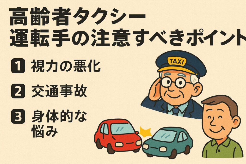 高齢のタクシー運転手が注意すべきポイントを示すイラスト。『視力の悪化』『交通事故』『身体的な悩み』の3項目が描かれ、メガネをかけた高齢ドライバー男性、車の衝突のイラストが含まれている。