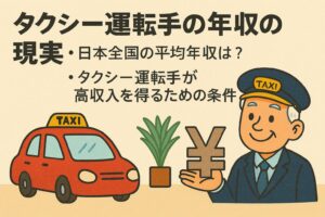 笑顔のタクシー運転手が赤いタクシーと大きな円マークを背景に年収を象徴しているイラスト。日本全国の平均年収や高収入を得るための条件をテーマにしたデザイン|Illustration of a smiling taxi driver with a red taxi and yen symbol, representing taxi driver income in Japan and conditions for earning a high salary.