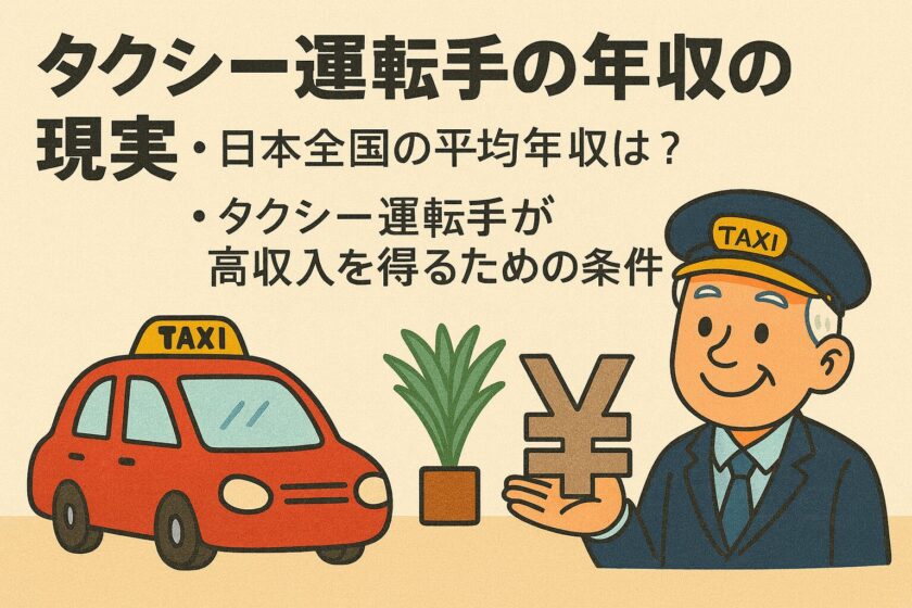 笑顔のタクシー運転手が赤いタクシーと大きな円マークを背景に年収を象徴しているイラスト。日本全国の平均年収や高収入を得るための条件をテーマにしたデザイン|Illustration of a smiling taxi driver with a red taxi and yen symbol, representing taxi driver income in Japan and conditions for earning a high salary.
