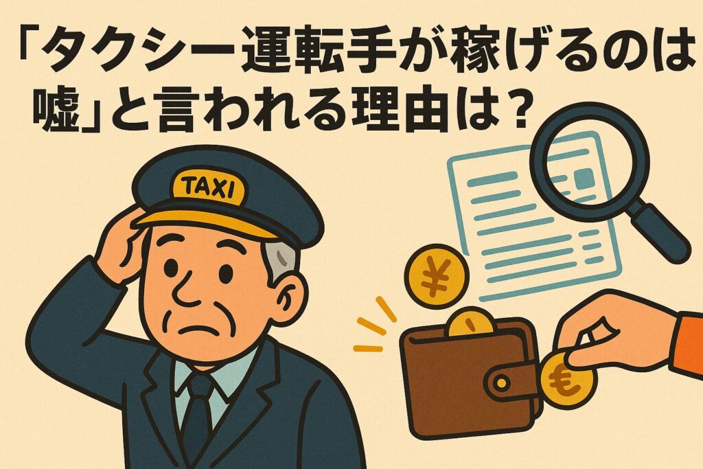 タクシー運転手が稼げるのは嘘と言われる理由は?』という文字とともに、タクシー運転手が首をかしげて考えているイラスト。横には財布とお金、虫眼鏡で書類を確認する様子が描かれ、タクシー業界の収入事情を表現している。