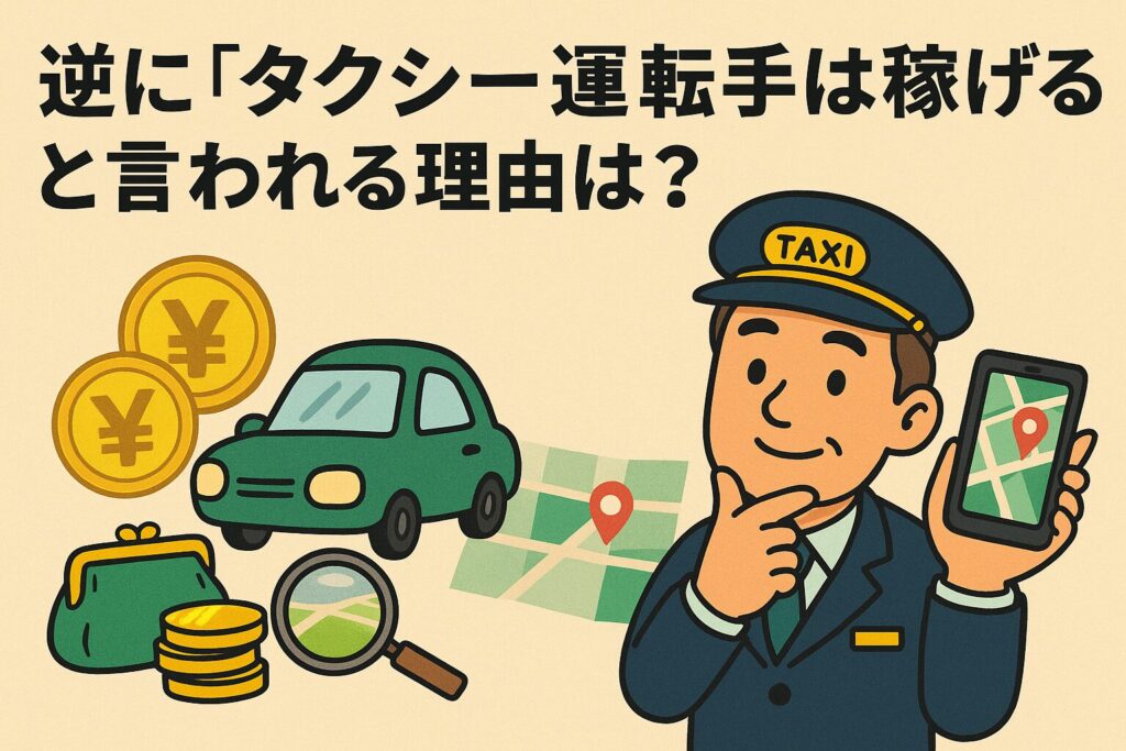 稼げないタクシー運転手の特徴』というタイトルのポスター風イラスト。笑顔のタクシー運転手が親指を立てており、横に黄色いタクシーの絵と『日勤のみで働いている』『地方エリアで勤務している』『自己管理ができていない』『接客スキルが不足している』という4つの項目が表示されている。全体は明るく親しみやすい雰囲気
