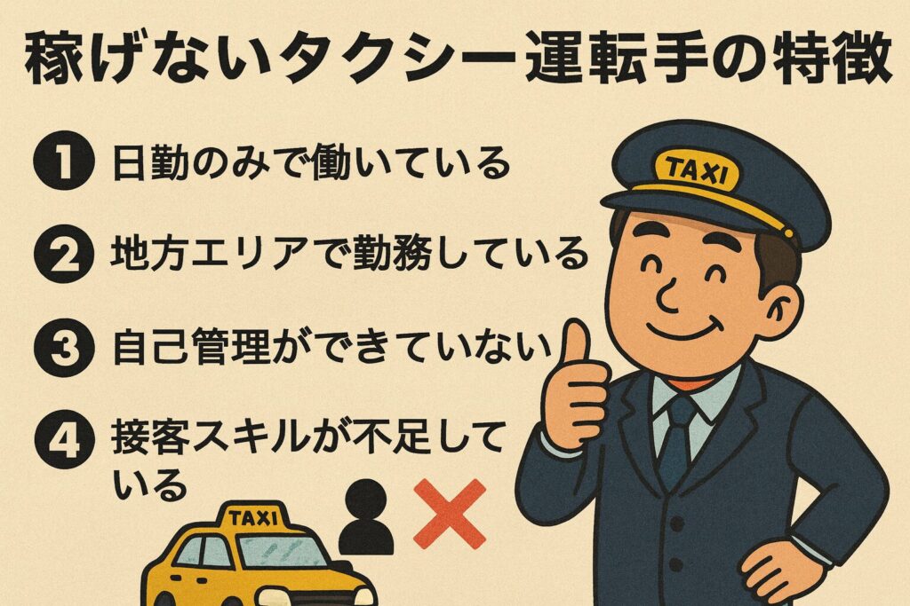 稼げないタクシー運転手の特徴』というタイトルのイラスト。笑顔のタクシー運転手が親指を立てている。横にタクシーの絵と人物アイコン、バツ印が描かれており、『日勤のみで働いている』『地方エリアで勤務している』『自己管理ができていない』『接客スキルが不足している』という4つの特徴が表示されている。