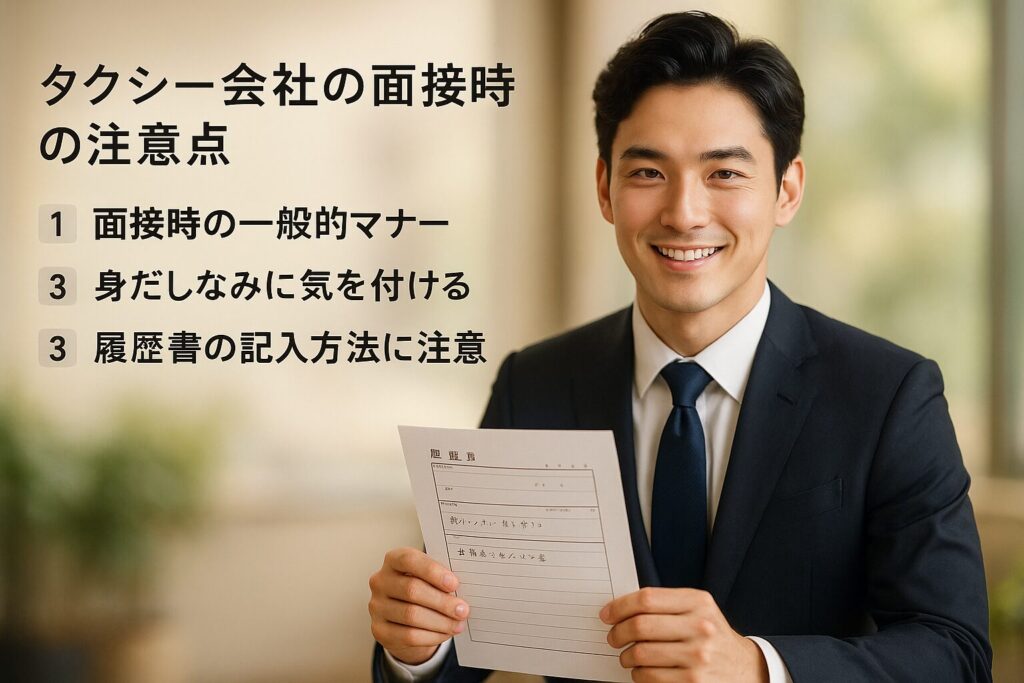 スーツ姿の男性が笑顔で履歴書を持ち、タクシー会社の面接に臨む様子。面接時の注意点として、一般的マナーや身だしなみ、履歴書の書き方に関するポイントを紹介する画像