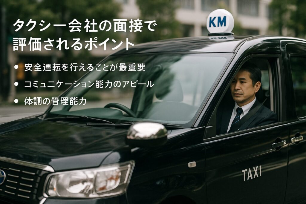 KMタクシーのドライバーがToyota JapanTaxiを安全に運転している様子。タクシー会社の面接で評価されるポイントとして、安全運転、コミュニケーション能力、体調管理能力を紹介する画像。