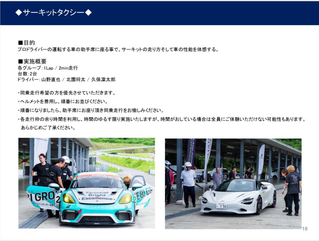 富士スピードウェイで実施されたTOUCH Premium Test Driveのサーキットタクシー同乗体験。ポルシェCaymanとマクラーレンによるプロドライバー走行イベントの様子