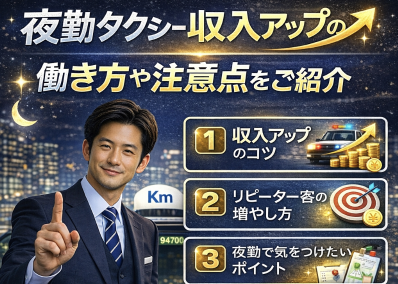 国際交通の夜勤タクシードライバーが収入アップのポイントを紹介するイメージ。深夜割増や夜勤のメリットを解説