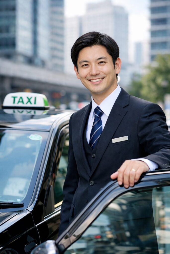 都心でタクシーのドアを開けて立つスーツ姿の日本人タクシー運転手の笑顔のポートレート