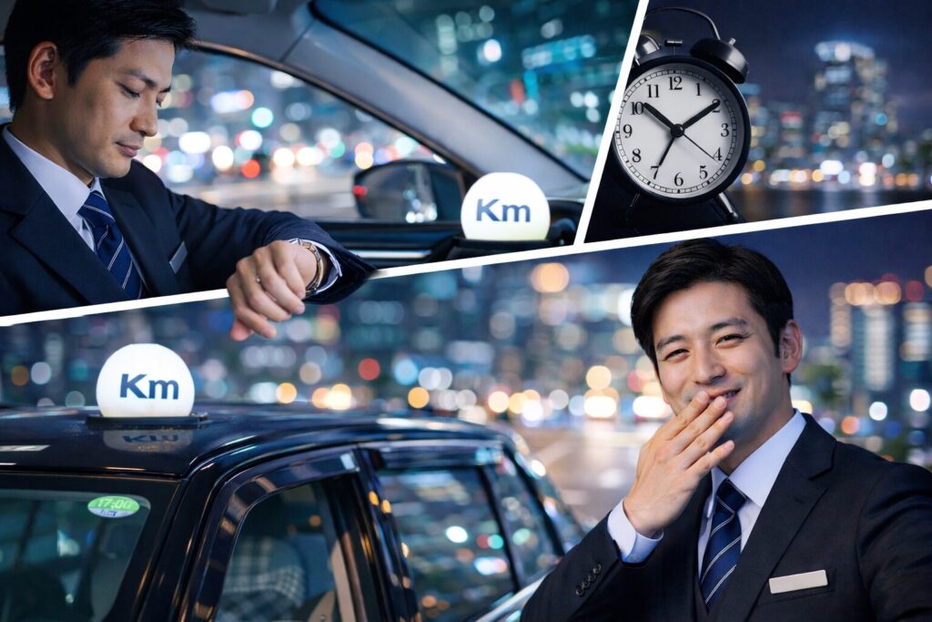 夜勤で働く日本のタクシードライバーが時間を確認しながら準備している様子。タクシードライバーの夜勤は本当に稼げるのか、働き方や注意点を解説する記事用イメージ