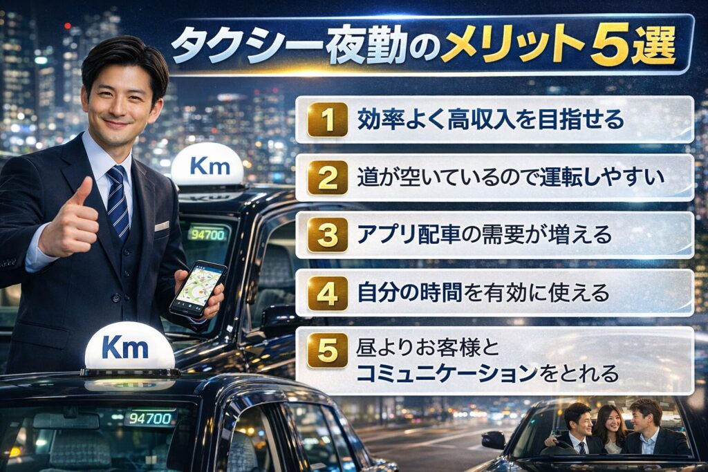 タクシードライバーの夜勤のメリットを紹介する画像。高収入を目指せる点や道が空いていて運転しやすいこと、アプリ配車の需要増加、自分の時間を有効に使える点、夜勤ならではのお客様とのコミュニケーションのしやすさを解説