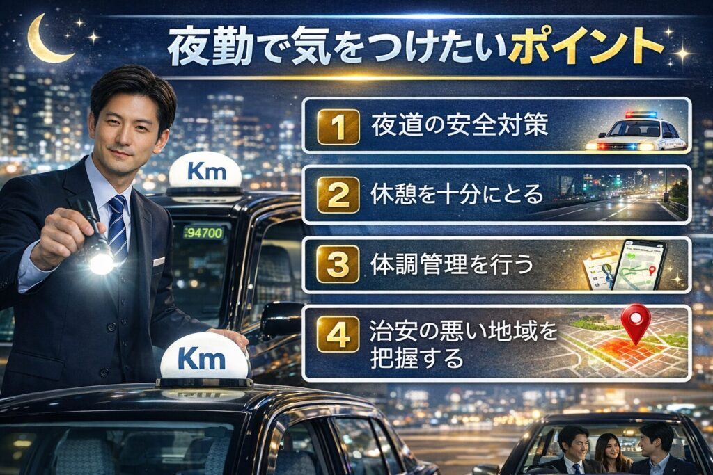 タクシードライバーの夜勤で気をつけたいポイントを解説する画像。夜道の安全対策、十分な休憩、体調管理、治安の悪い地域の把握な