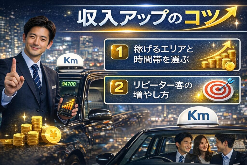 タクシードライバーの収入アップのコツを解説する画像。稼げるエリアや時間帯の選び方、リピーター客の増やし方など、夜勤で収入を伸ばすポイントを紹介