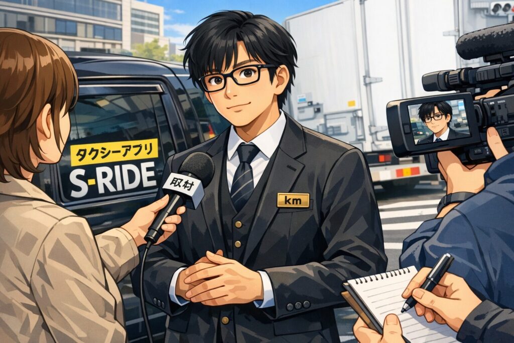 タクシードライバーが取材を受けながら笑顔で話している様子。コンビニ店員からタクシードライバーへ転職した事例紹介