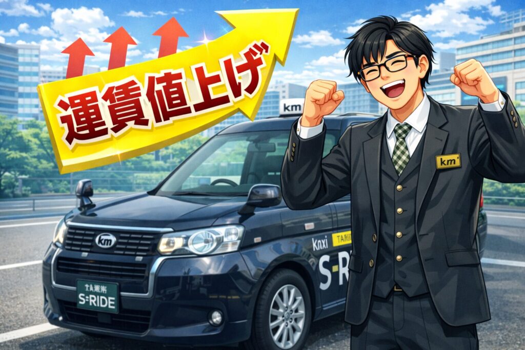 タクシー運賃値上げタクシー車両の前でドライバーがガッツポーズ