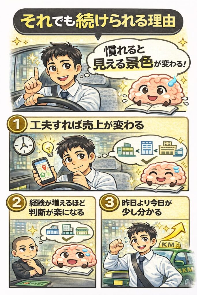 タクシー運転手がそれでも仕事を続けられる理由を説明するイラスト。慣れると見える景色が変わることや、工夫すれば売上が変わること、経験が増えるほど判断が楽になることを紹介。