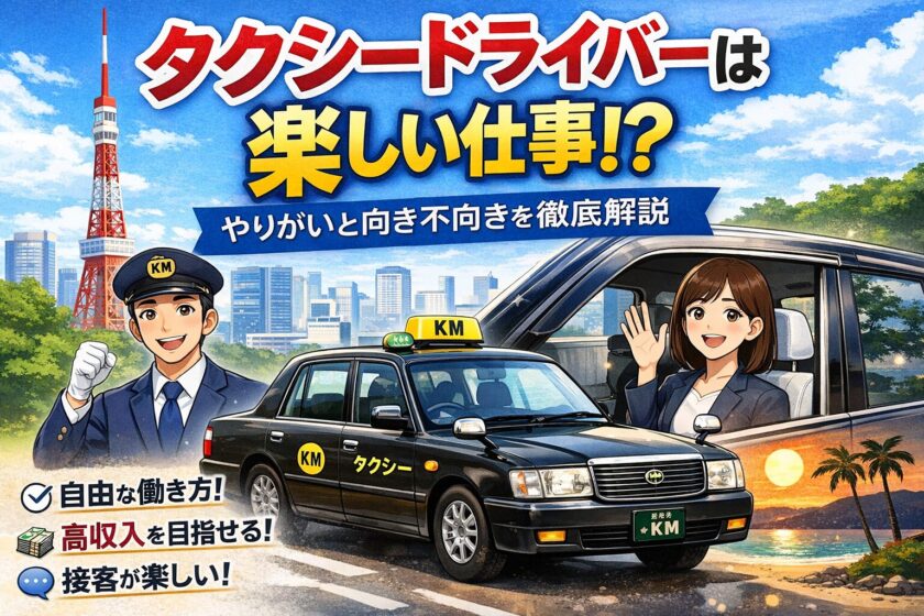 東京の街並みを背景にKMロゴ付きタクシーと笑顔のドライバーと乗客を描いたタクシー求人イメージ