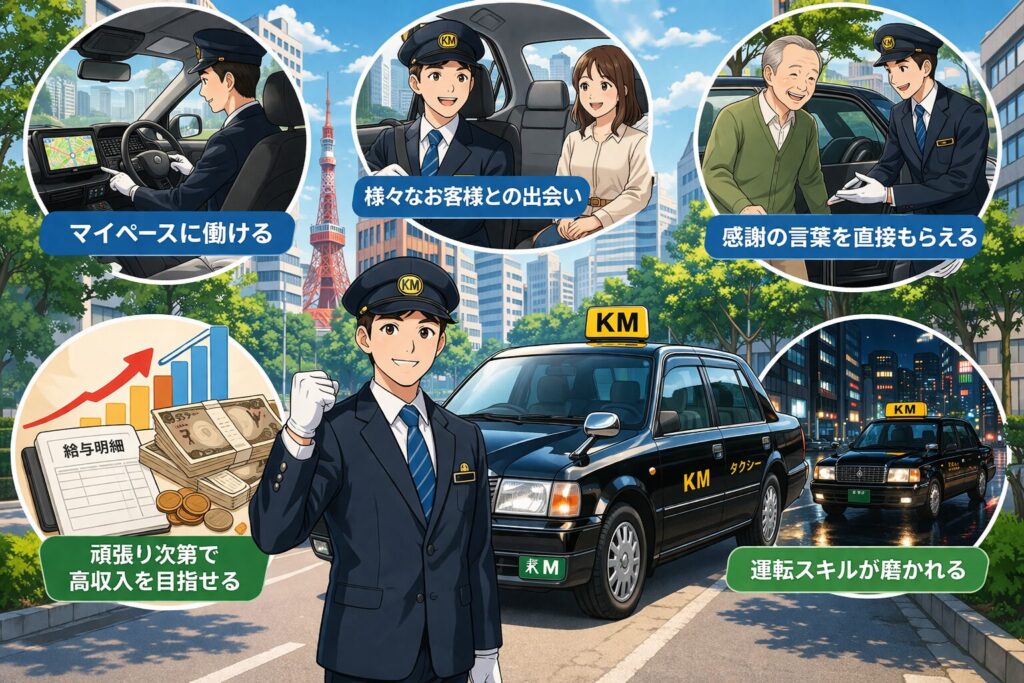 タクシードライバーが高齢者対応やお客様との会話を楽しむ様子を描いた接客イメージイラスト