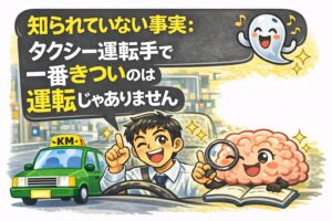 タクシー運転手の知られていない事実を説明するイラスト。タクシードライバーと脳のキャラクターが登場し、タクシー運転手で一番きついのは運転ではないことを紹介している。