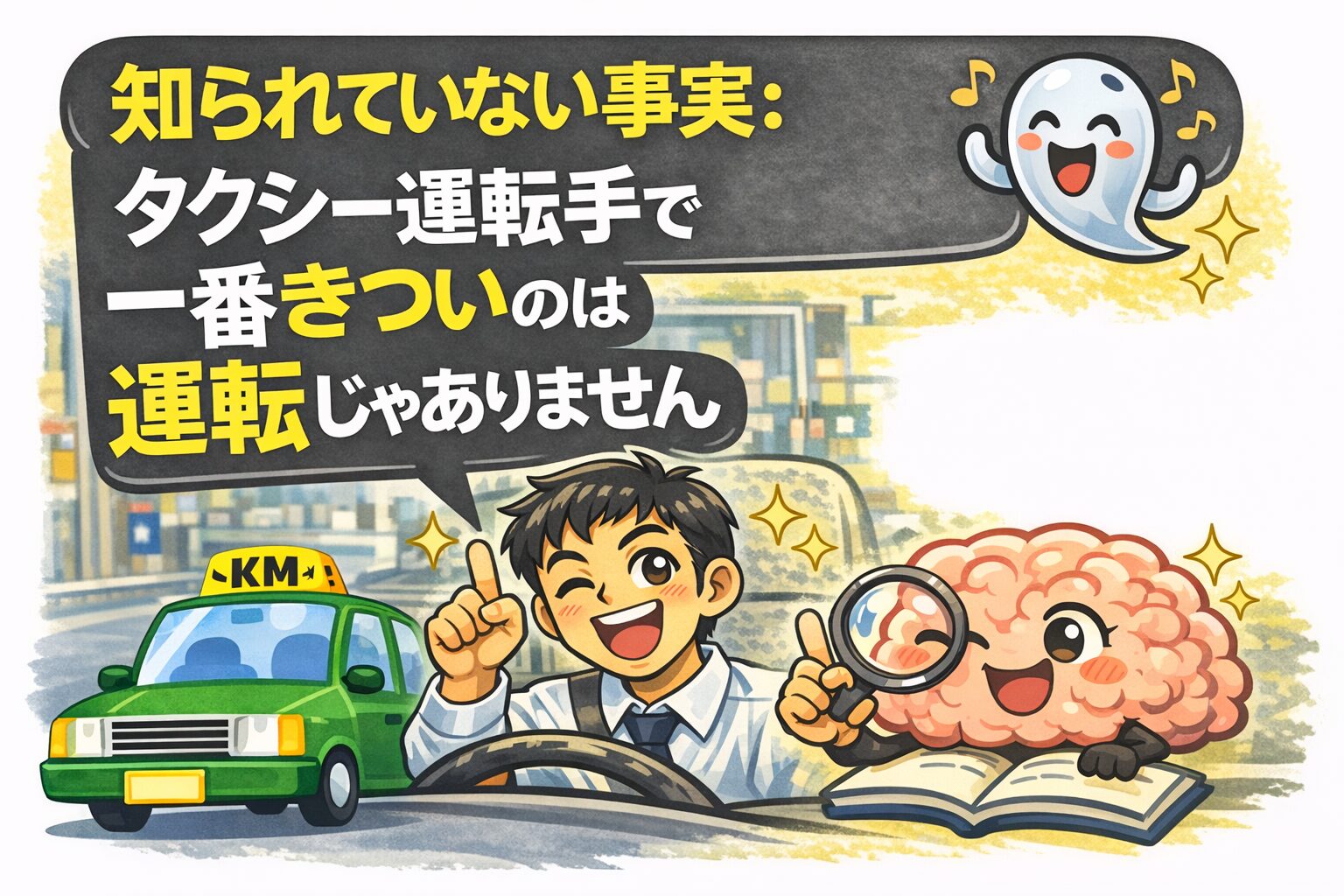 タクシー運転手の知られていない事実を説明するイラスト。タクシードライバーと脳のキャラクターが登場し、タクシー運転手で一番きついのは運転ではないことを紹介している。