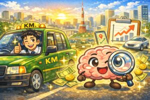 東京の街を背景にKMタクシーとタクシードライバー、虫眼鏡を持った脳のキャラクターが登場する東京タクシー業界のイメージイラスト