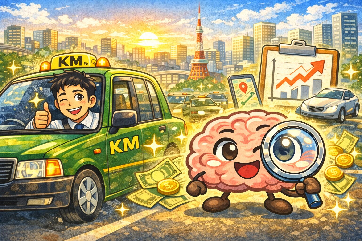 東京の街を背景にKMタクシーとタクシードライバー、虫眼鏡を持った脳のキャラクターが登場する東京タクシー業界のイメージイラスト