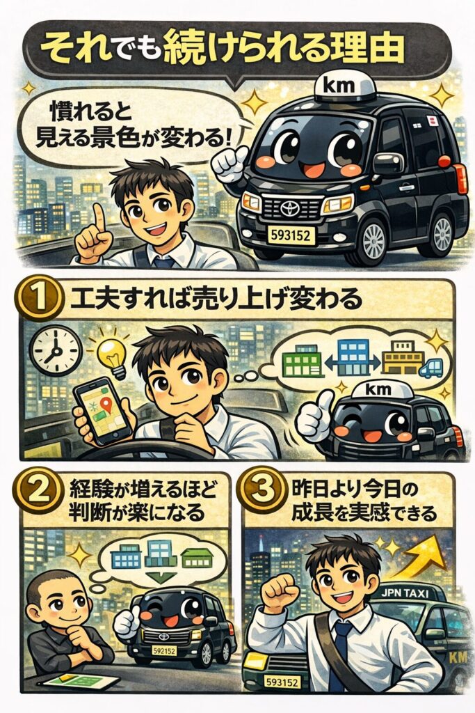 それでも続けられる理由
「慣れると見える景色が変わる」
1.工夫すれば売り上げが変わる
2.経験が増えるほど判断が楽になる
3.昨日より今日の成長を実感できる
の説明漫画
