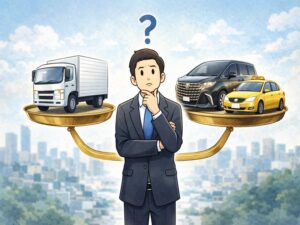 タクシーとトラックが載った天秤の前で考えるビジネスマン
